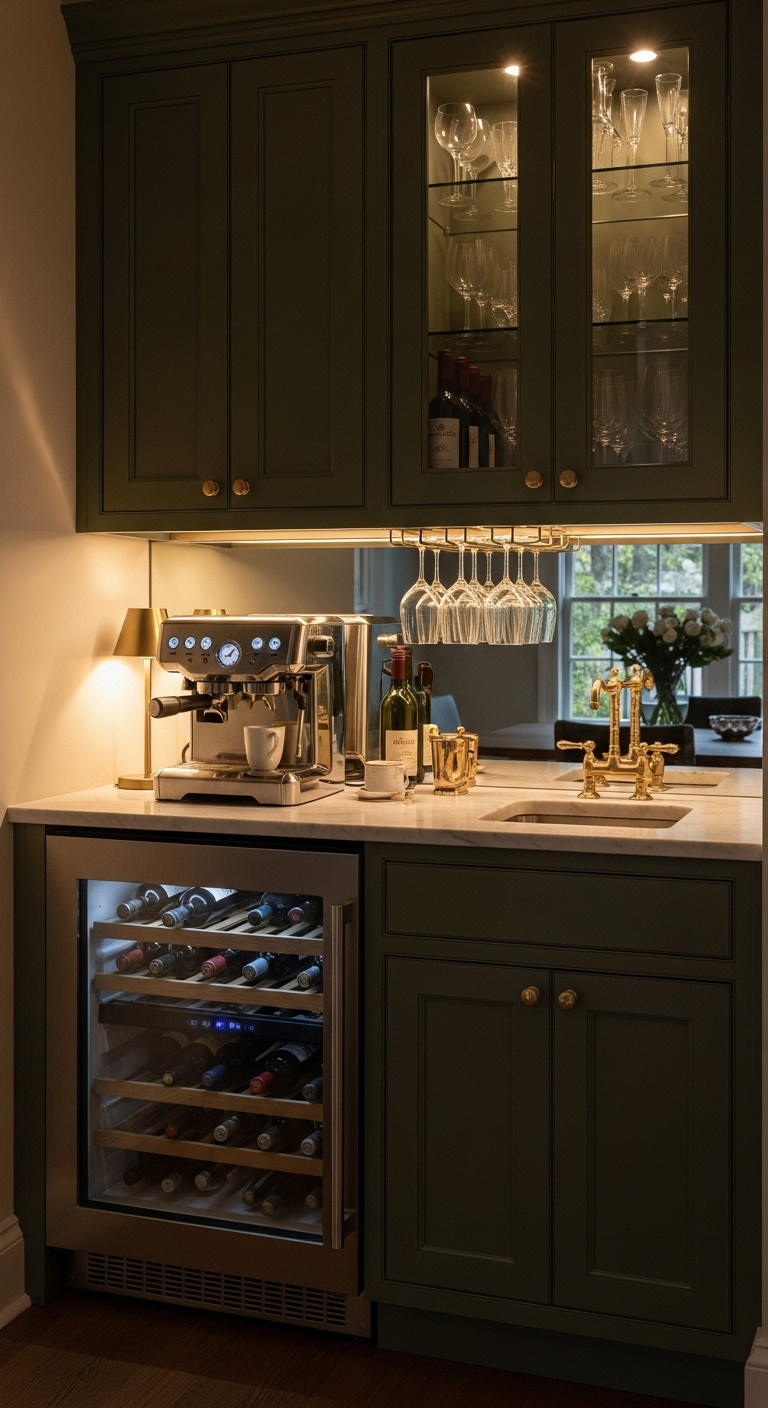 Repurposed dark green cabinet dry bar combo with espresso machine wine fridge and marble countertop