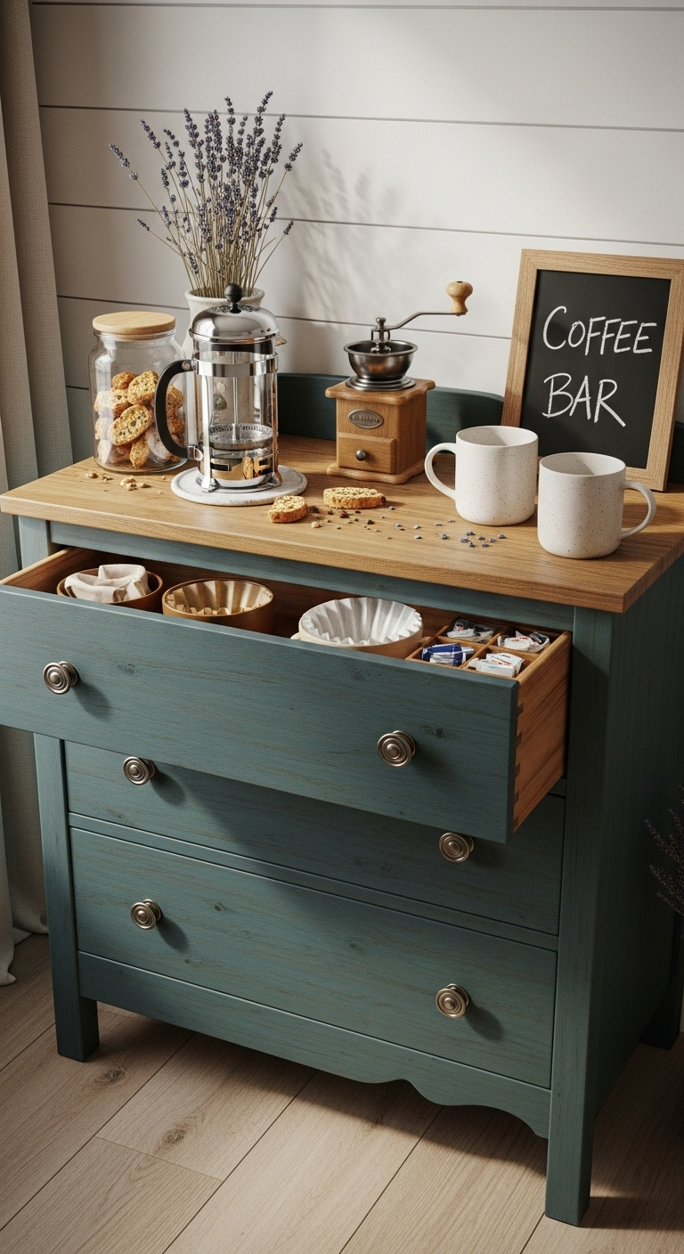 Repurposed dark teal dresser coffee bar with chrome French press manual grinder and ceramic mugs