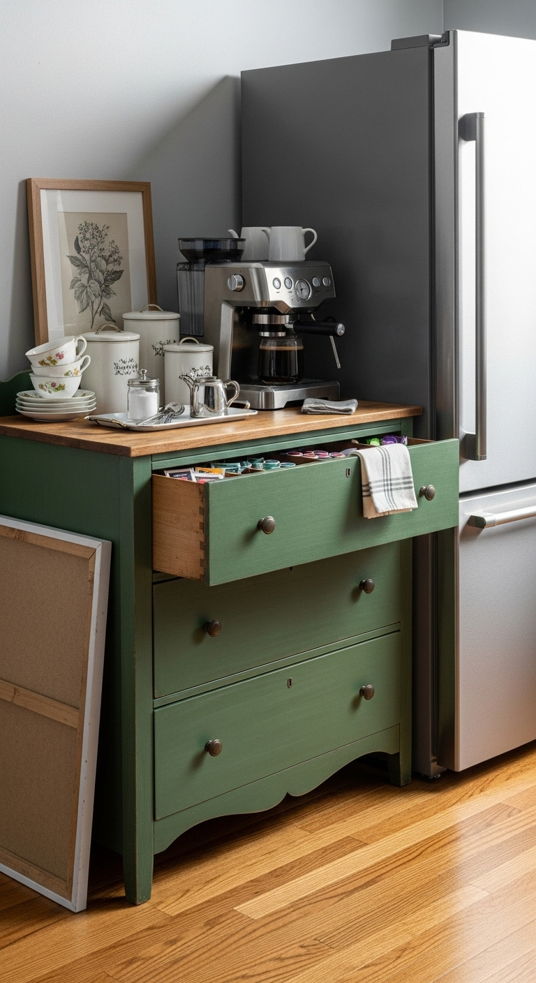 Repurposed deep green vintage dresser coffee bar with coffee machine canisters organized pods and tea bags next to a modern refrigerator