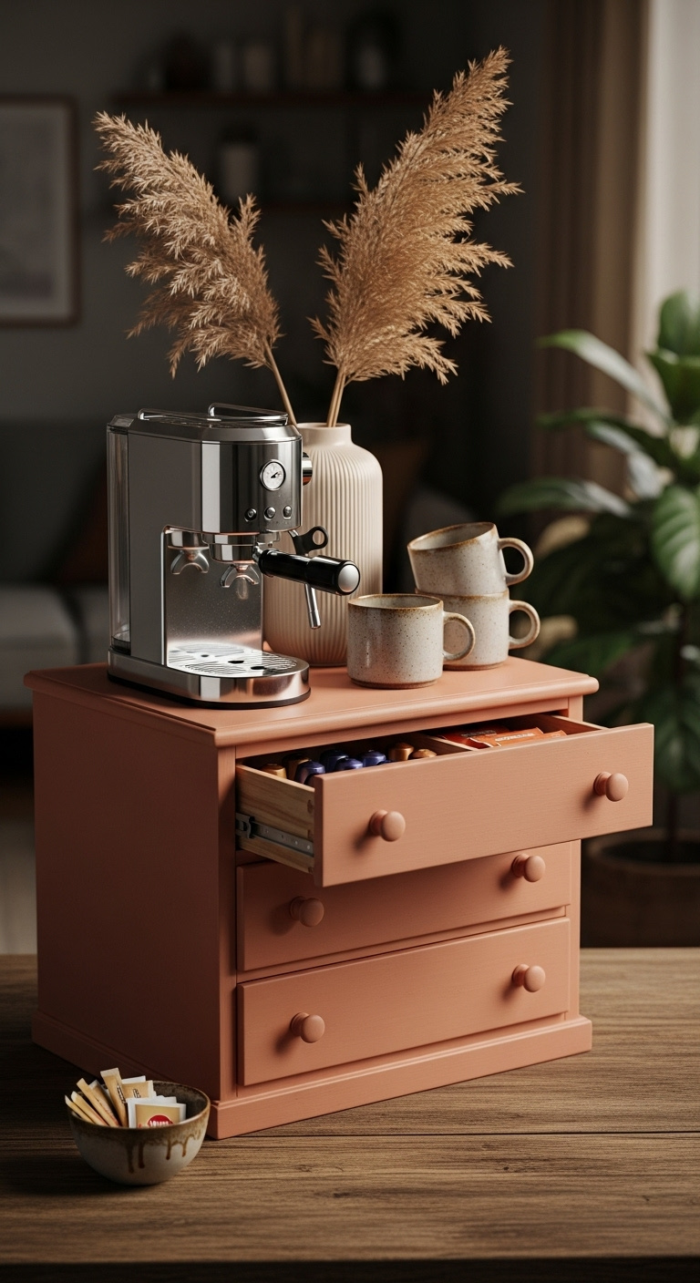 Repurposed dresser coffee bar painted terracotta with a chrome espresso machine pampas grass mugs and organized pods