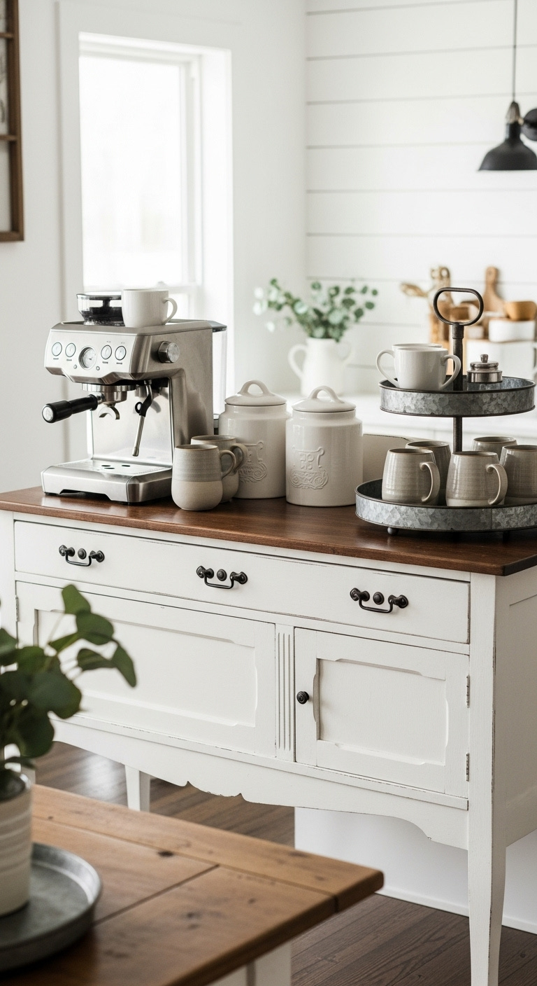 Repurposed farmhouse cabinet as coffee bar with distressed white paint chrome espresso machine and stoneware mugs under natural light
