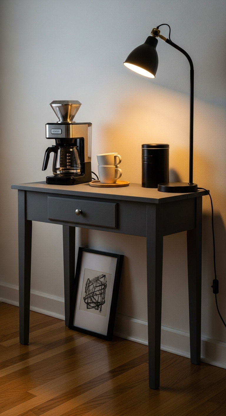Repurposed narrow charcoal gray console table coffee bar with a silver drip coffee maker mugs and coffee beans against a white wall