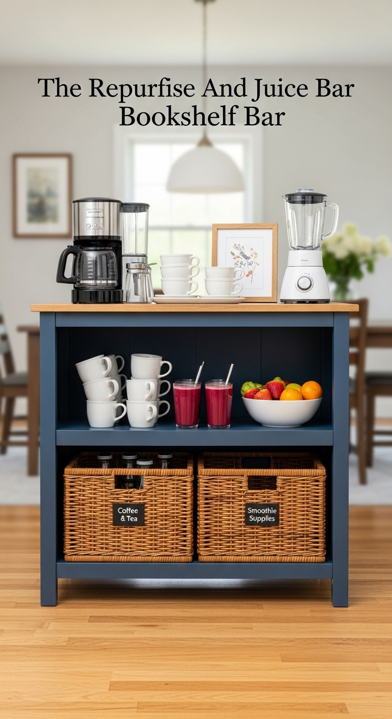 Repurposed navy blue bookshelf serving as a coffee and juice bar, featuring a coffee maker, blender, mugs, fruit, and wicker storage baskets