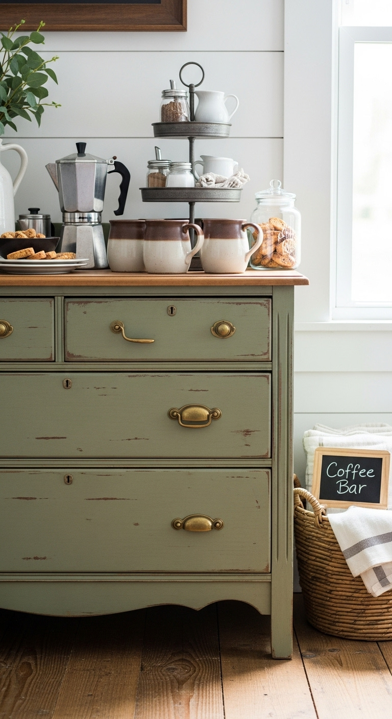 Repurposed sage green dresser as a farmhouse coffee bar with a classic percolator tiered tray and rustic stoneware mugs