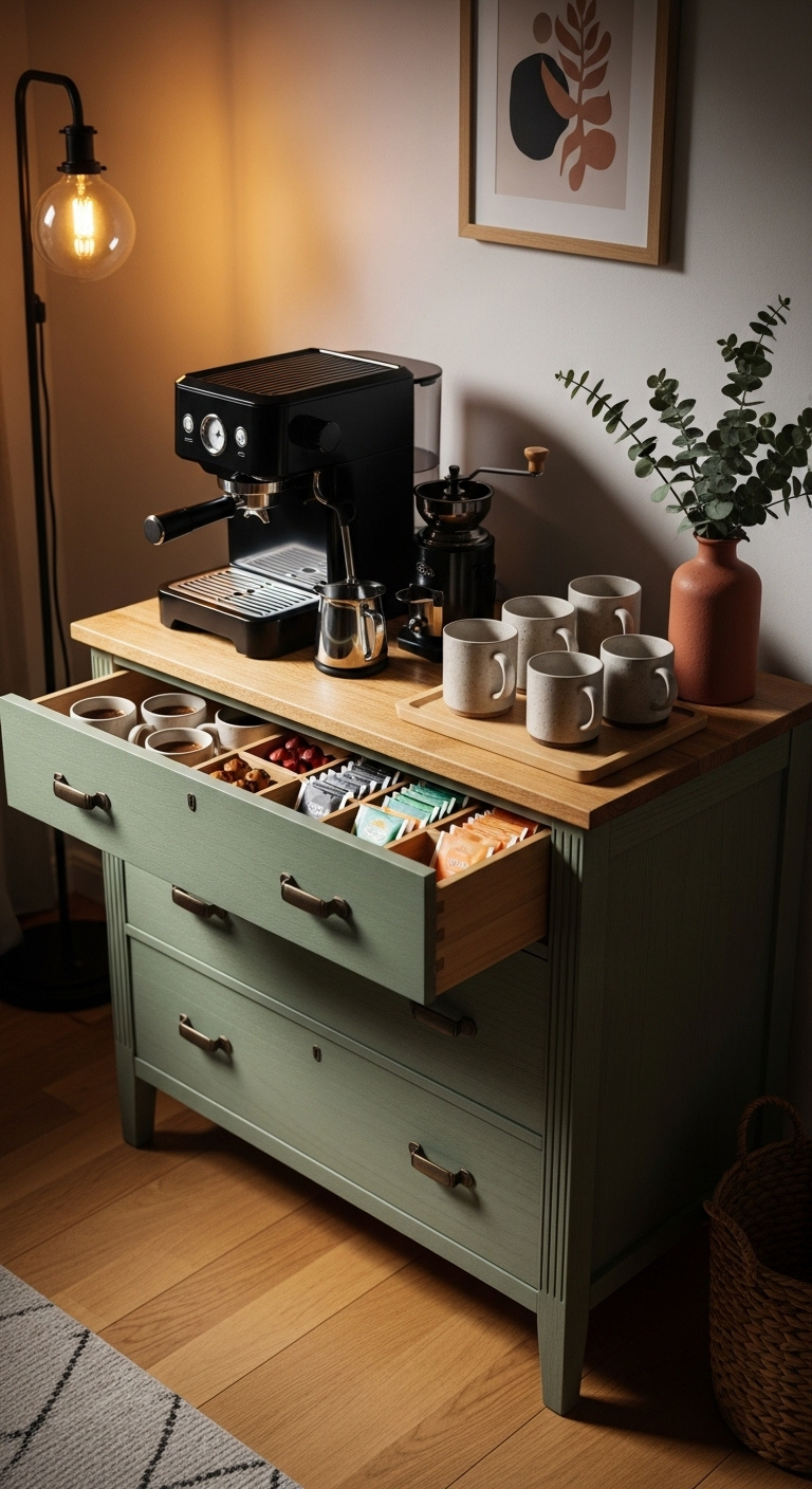 Repurposed sage green dresser coffee bar with an espresso machine grinder mugs and organized pods and tea bags