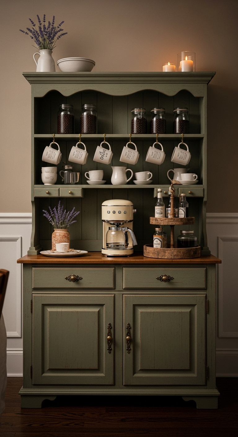 Repurposed sage green farmhouse hutch as coffee bar with ceramic mugs coffee maker and tiered syrup tray