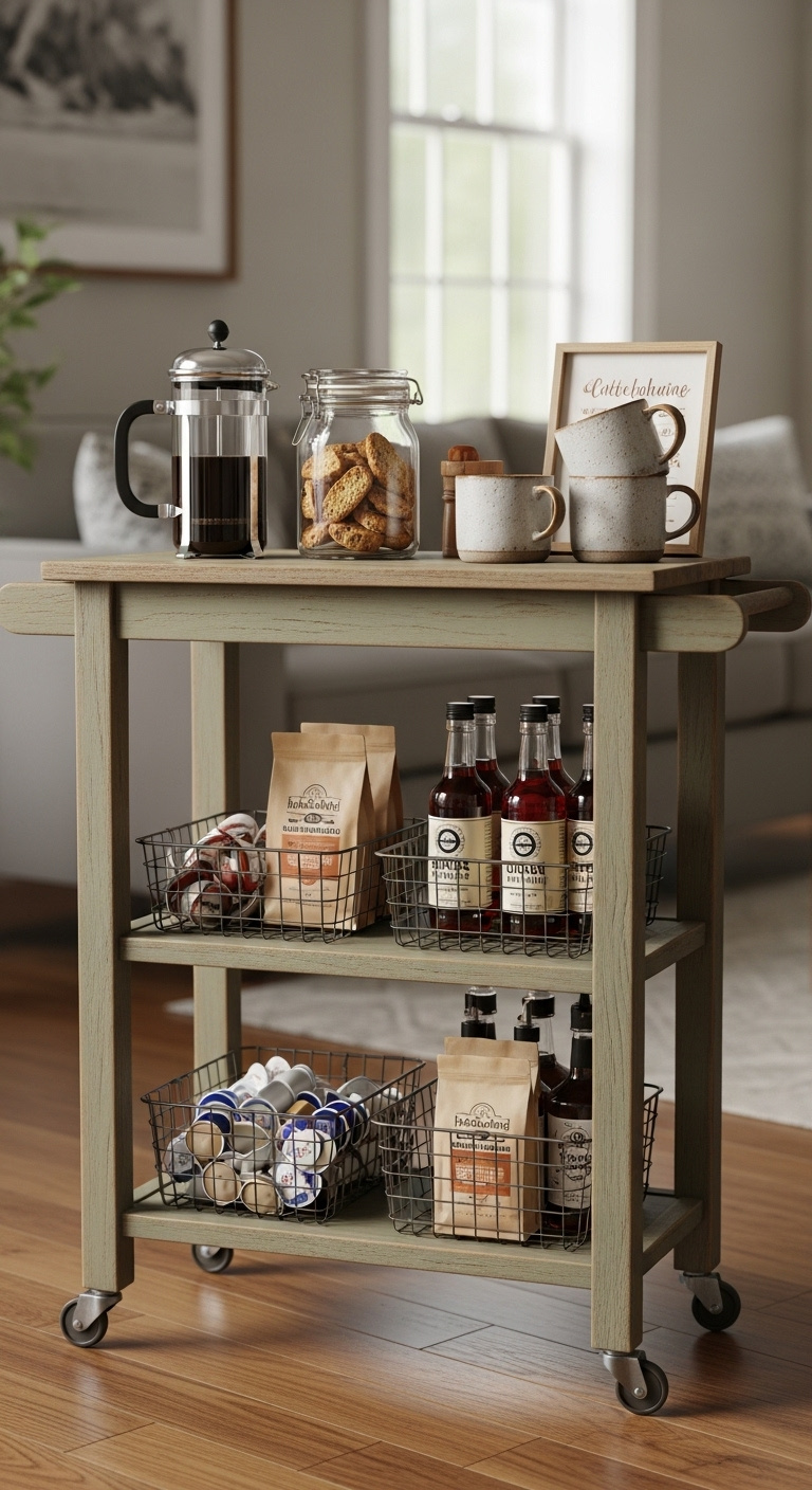 Repurposed sage green vintage bar cart serving as a coffee station with French press and organized supplies