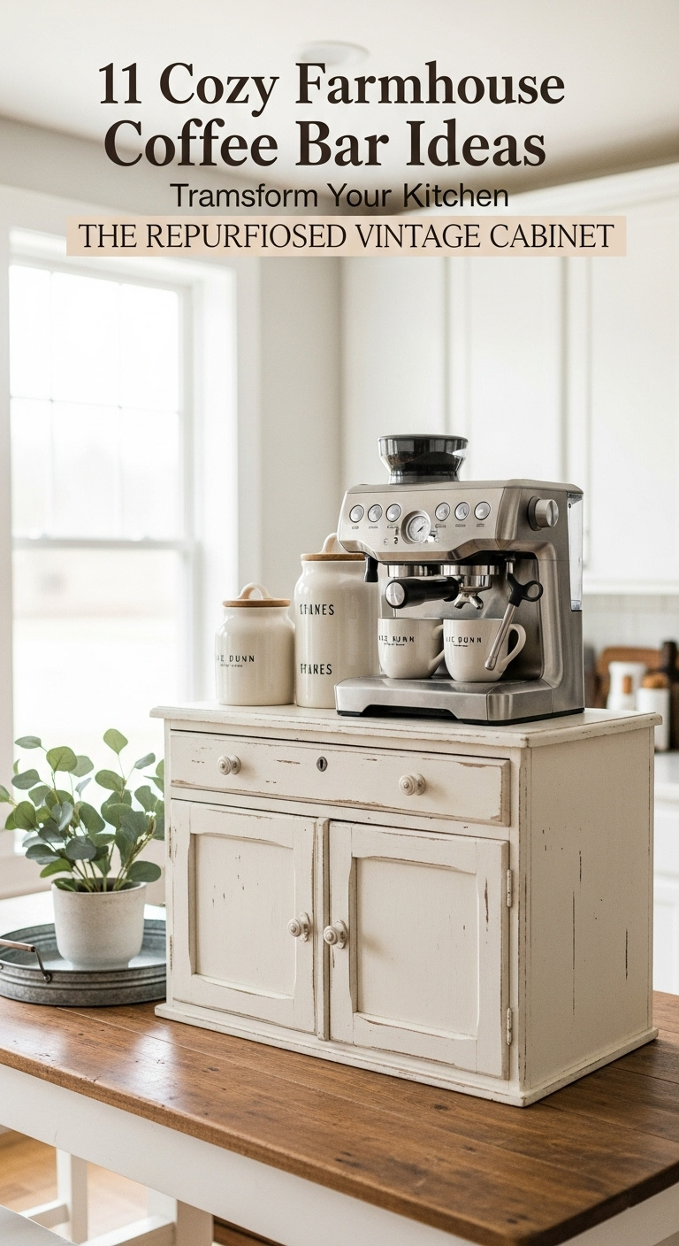 Repurposed vintage cabinet as cozy farmhouse coffee bar with distressed creamy white paint espresso machine and Rae Dunn mugs