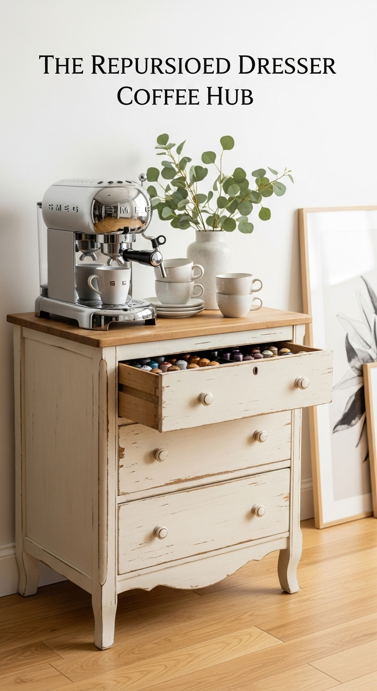 Repurposed vintage cream dresser coffee hub with SMEG espresso machine ceramic mugs eucalyptus and organized coffee pods in a minimalist setting