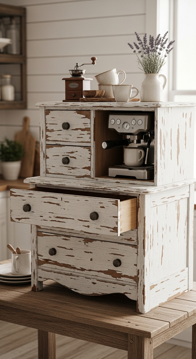 Repurposed vintage dresser as rustic farmhouse coffee bar with distressed white paint open cubby for coffee machine and lavender