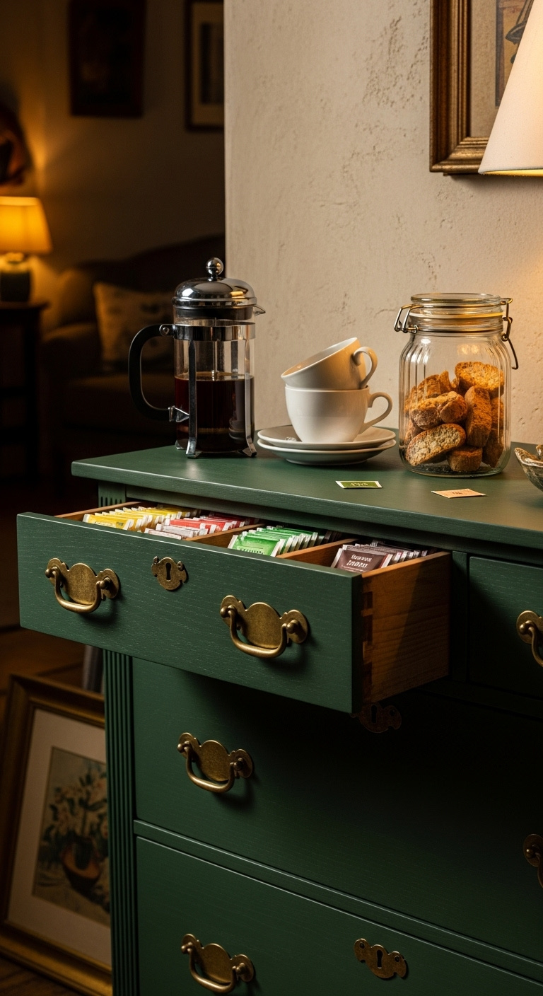 Repurposed vintage dresser in dark green styled as a charming coffee bar with a French press and biscotti against a warm beige wall