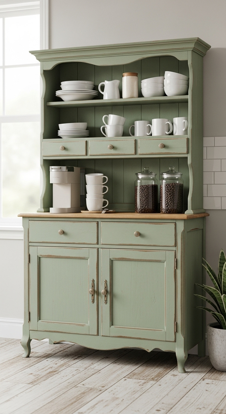 Repurposed vintage hutch makeover as farmhouse coffee station painted distressed sage green with coffee maker mugs and plant