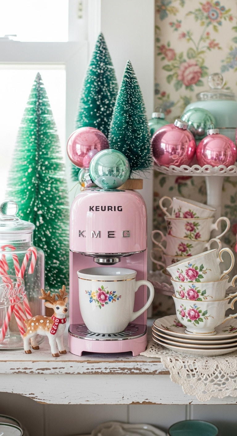 Retro pink coffee bar with a vintage Keurig pastel ornaments flocked trees and mismatched floral teacups