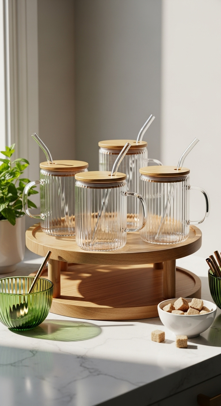 Ribbed glass mugs with bamboo lids and glass straws on a two-tiered wooden tray with fresh mint and sugar cubes