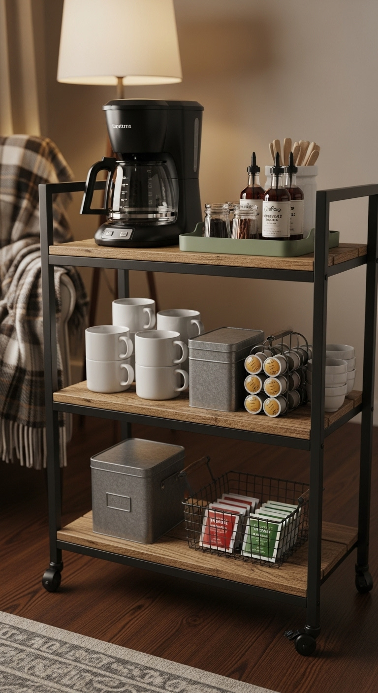 Rolling farmhouse coffee cart with black metal and distressed wood shelves filled with coffee maker mugs syrups and tea bags in a cozy living room