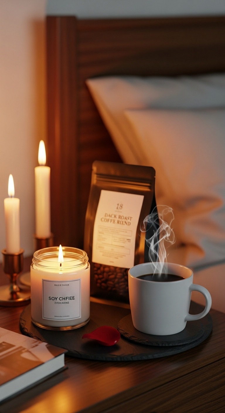 Romantic Christmas coffee and rose gifts for her candle coffee blend red rose petal intimate bedroom setting cozy ambiance
