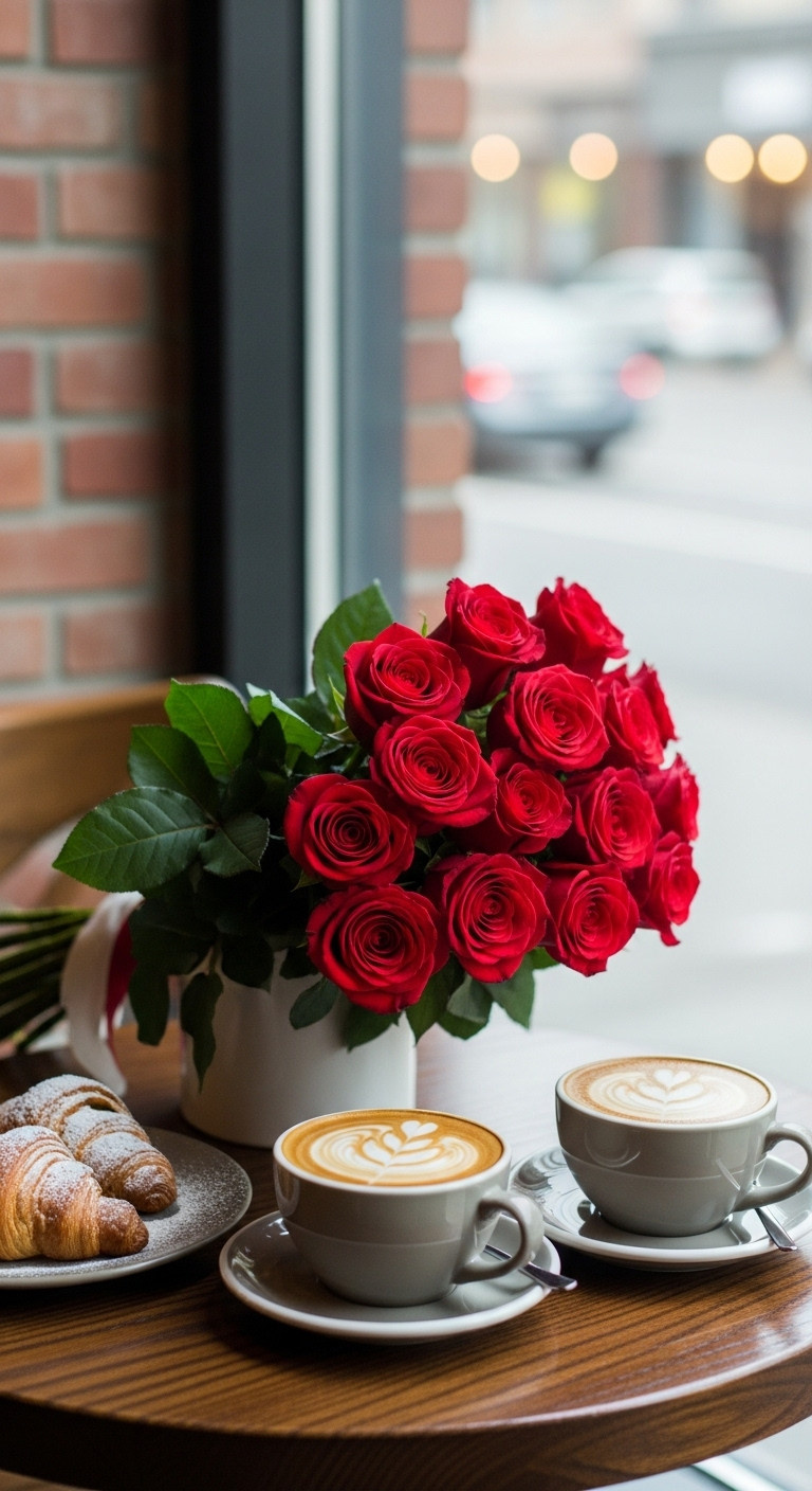 Romantic Christmas coffee and rose gifts for her coffee date experience rose bouquet lattes croissants cozy cafe setting