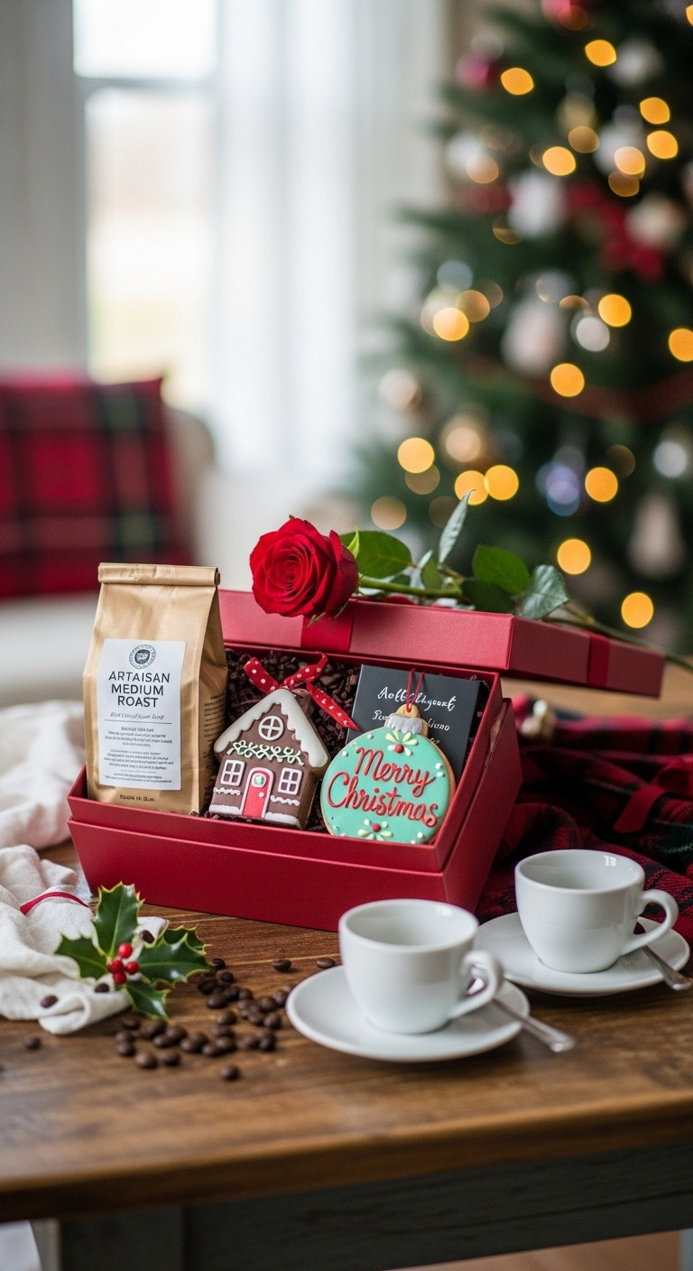 Romantic Christmas coffee and rose gifts for her coffee for two gift basket red rose holiday cottage espresso cups festive