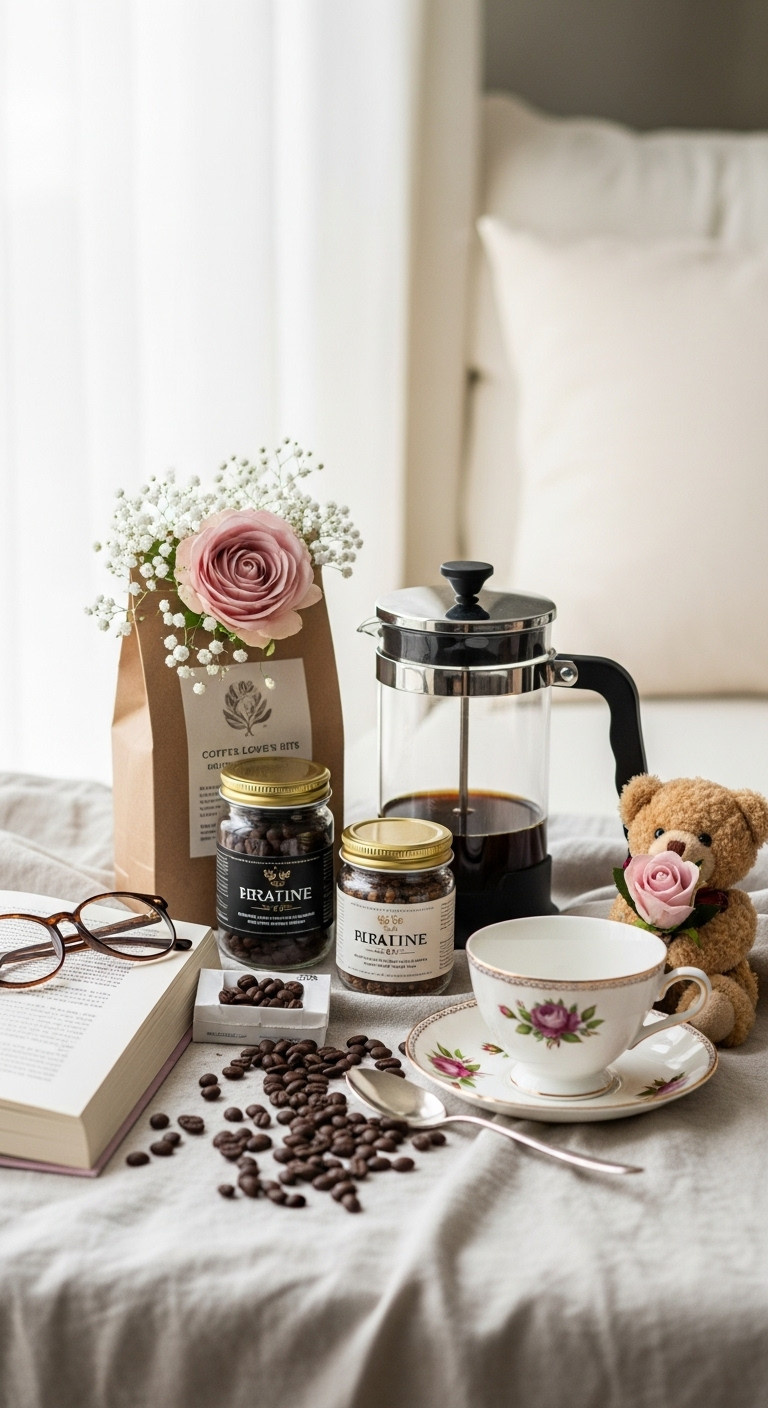Romantic Christmas coffee and rose gifts for her coffee lover's kit rose themed accessories vintage teacup teddy bear silk rose