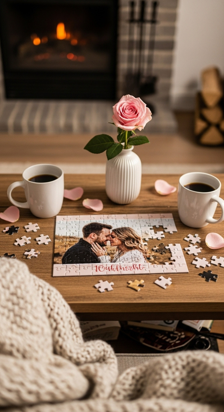 Romantic Christmas coffee and rose gifts for her custom photo puzzle coffee mugs pink rose cozy sentimental fireplace