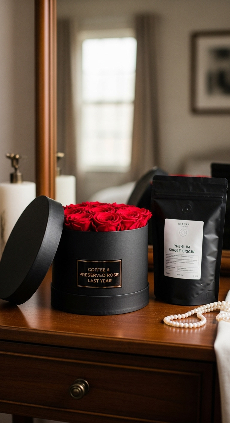 Romantic Christmas coffee and rose gifts for her preserved rose gift box coffee beans elegant sophisticated black red gold gift