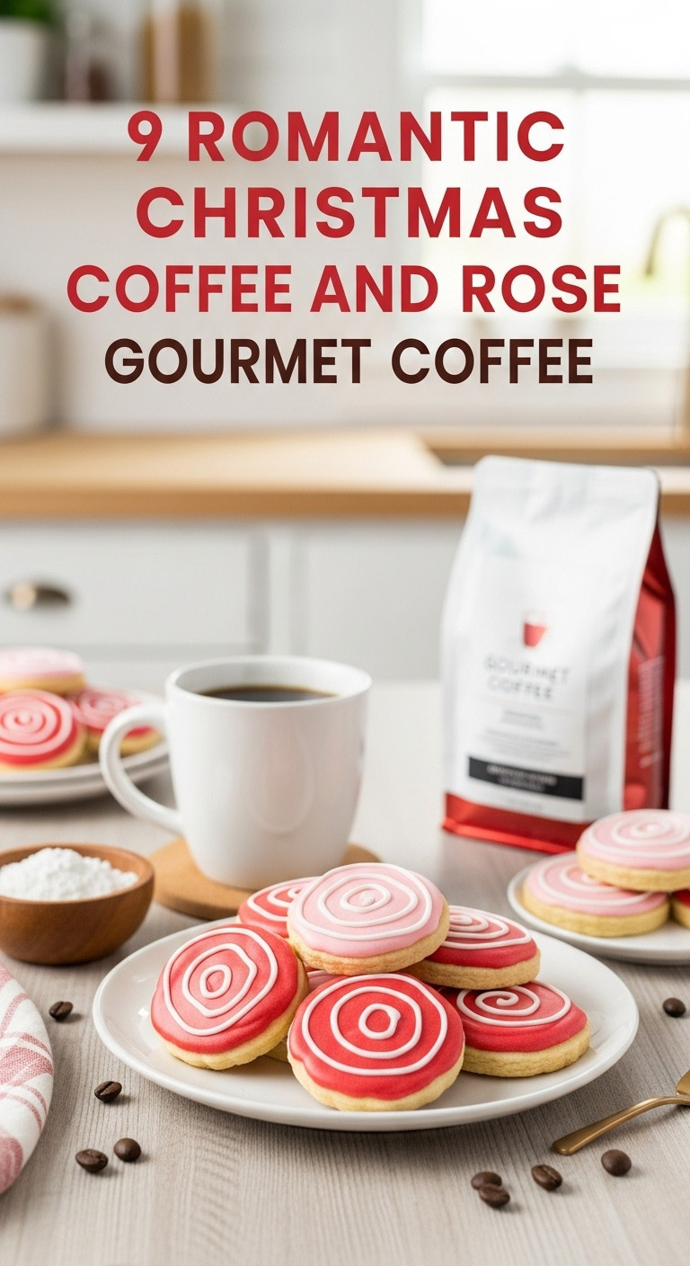 Romantic Christmas coffee and rose gifts for her rose shaped coffee cookies gourmet coffee pink red icing cozy morning kitchen