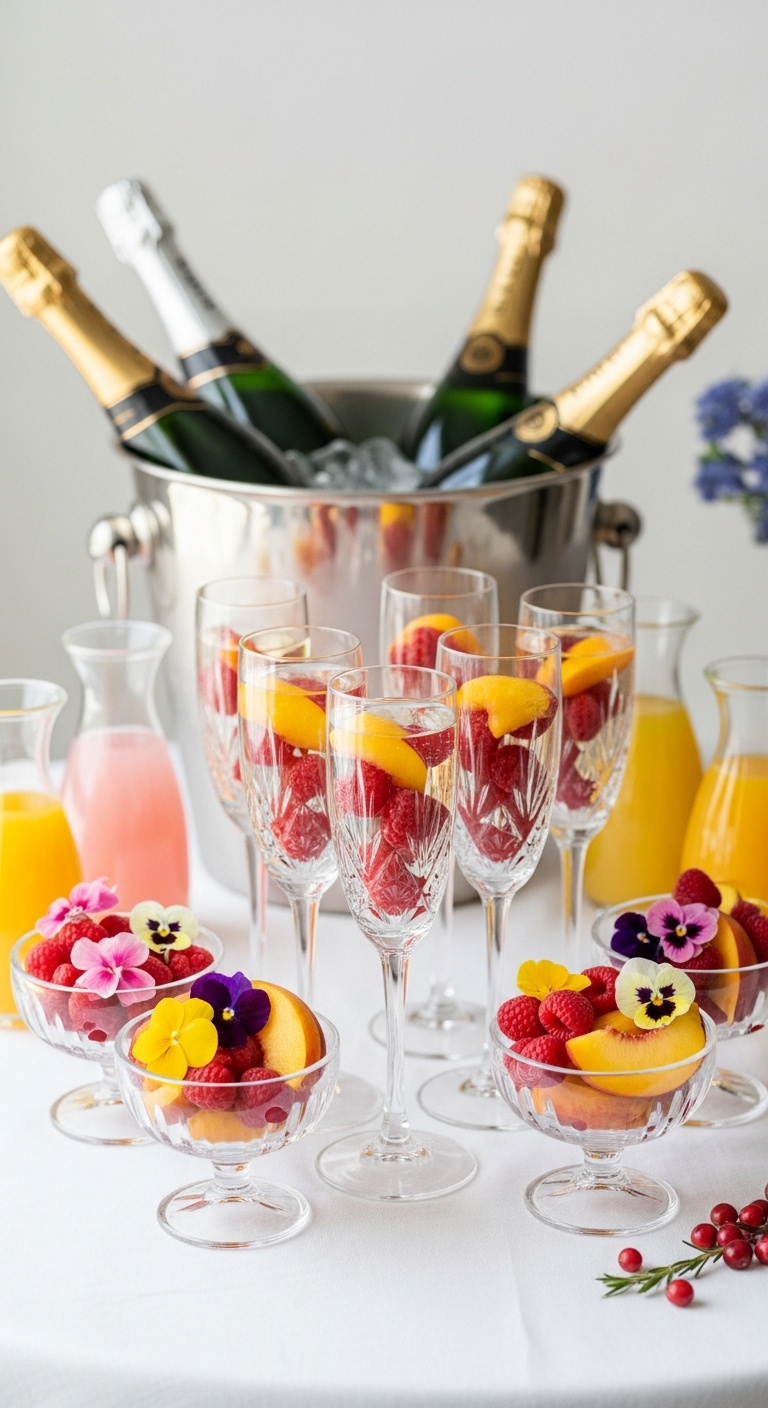 Romantic champagne infusion bar with bottles flutes raspberries peach slices and edible flowers on white table