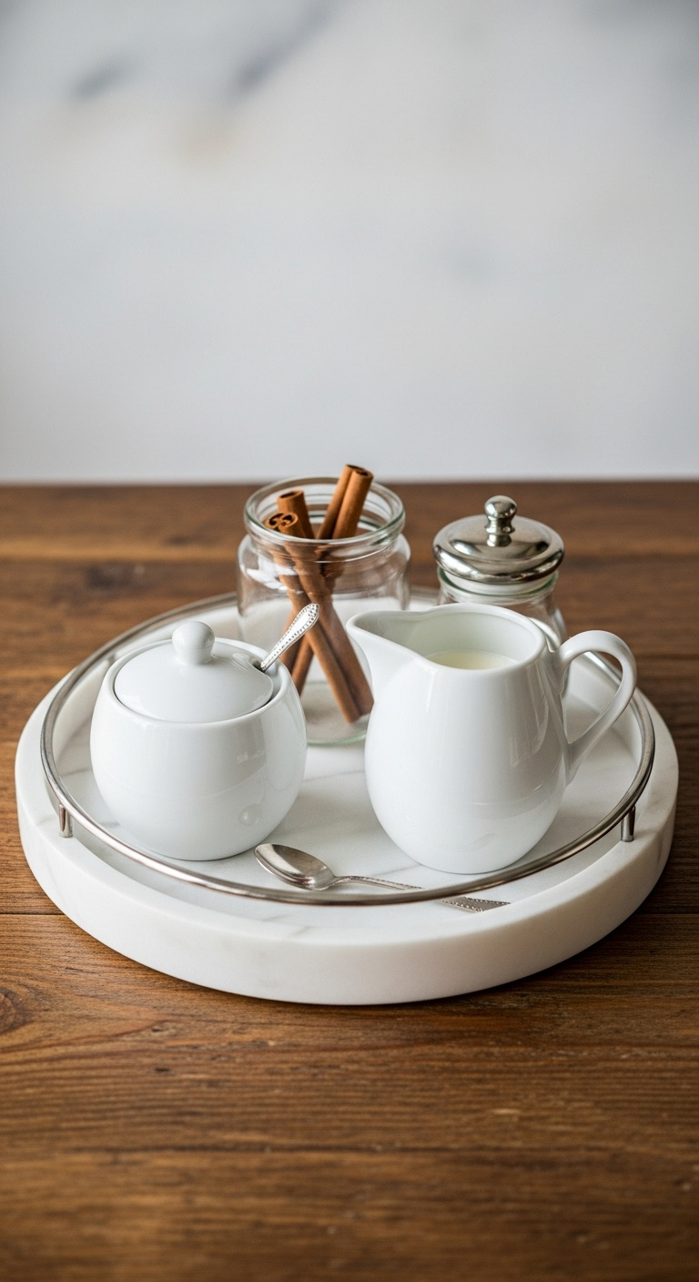Round white marble tray with ceramic sugar bowl creamer pitcher and cinnamon sticks on dark wood