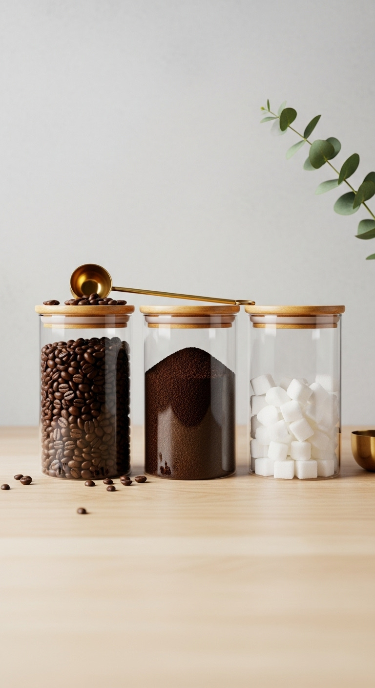 Row of three identical clear glass canisters with acacia wood lids filled with coffee beans ground coffee and raw sugar cubes