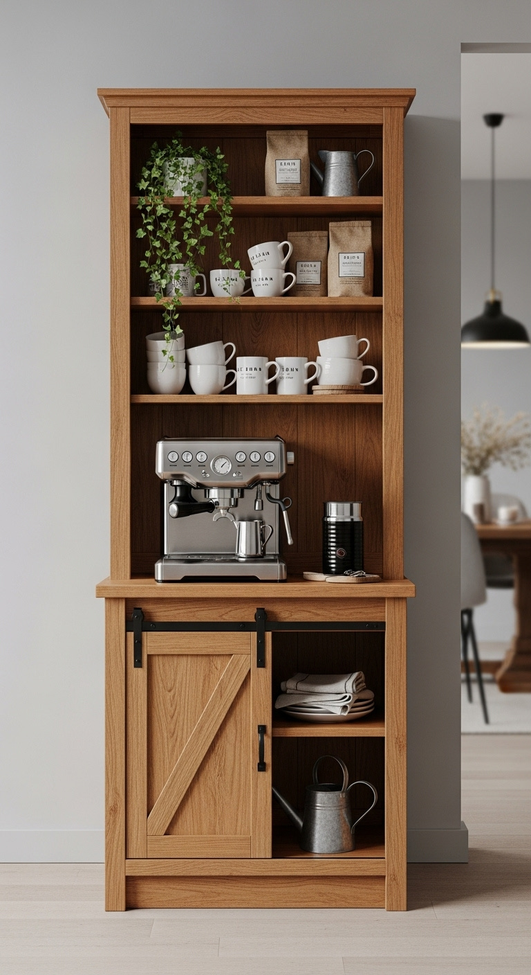 Rustic cabinet and hutch coffee station with sliding barn door espresso machine Rae Dunn mugs and ivy on oak wood