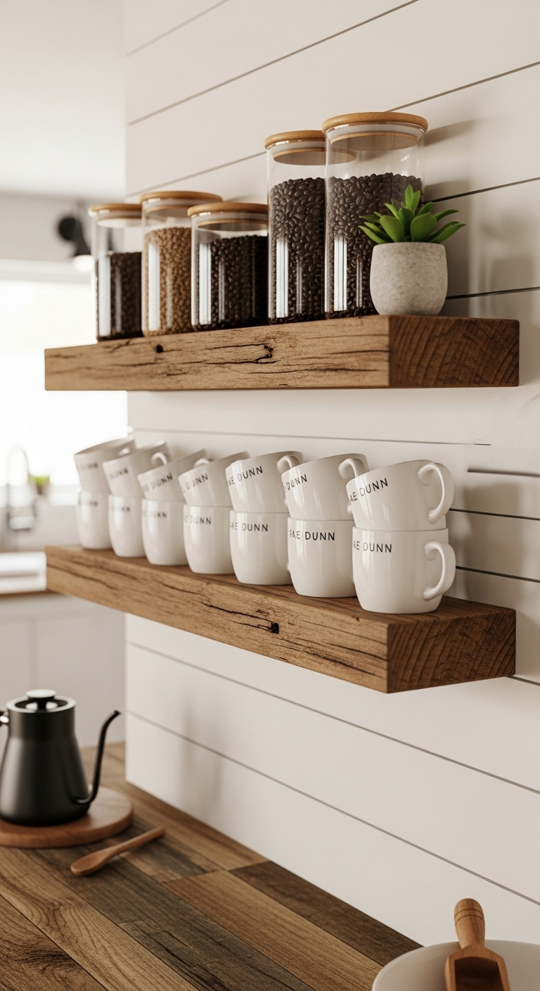 Rustic coffee bar with reclaimed wood floating shelves holding coffee beans Rae Dunn mugs and a succulent on a shiplap wall