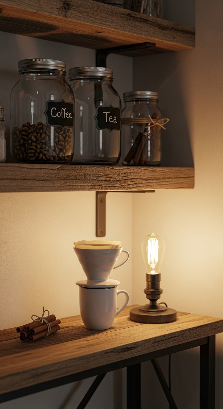 Rustic coffee corner with reclaimed wood shelves mason jars pour-over dripper and vintage lamp