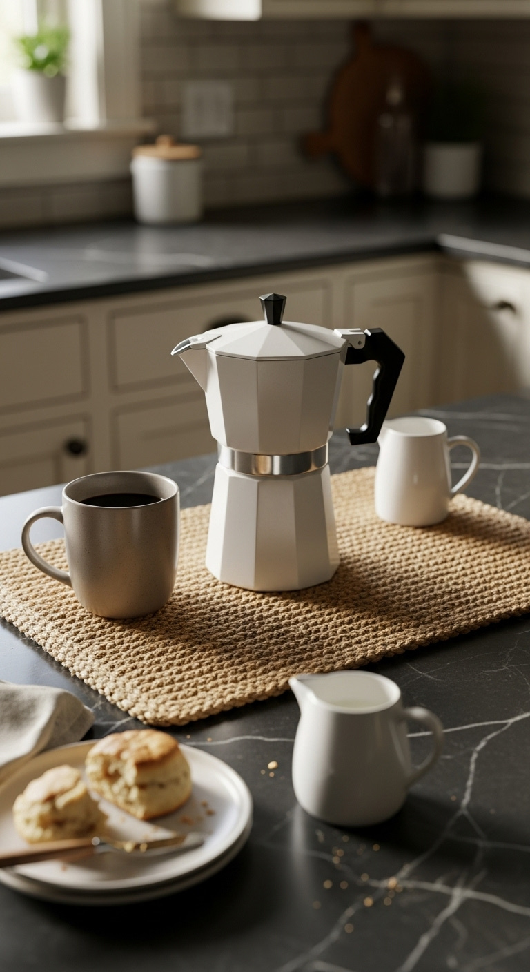 Rustic coffee mat made of textured jute with white coffee maker mug milk pitcher and scone on dark soapstone countertop