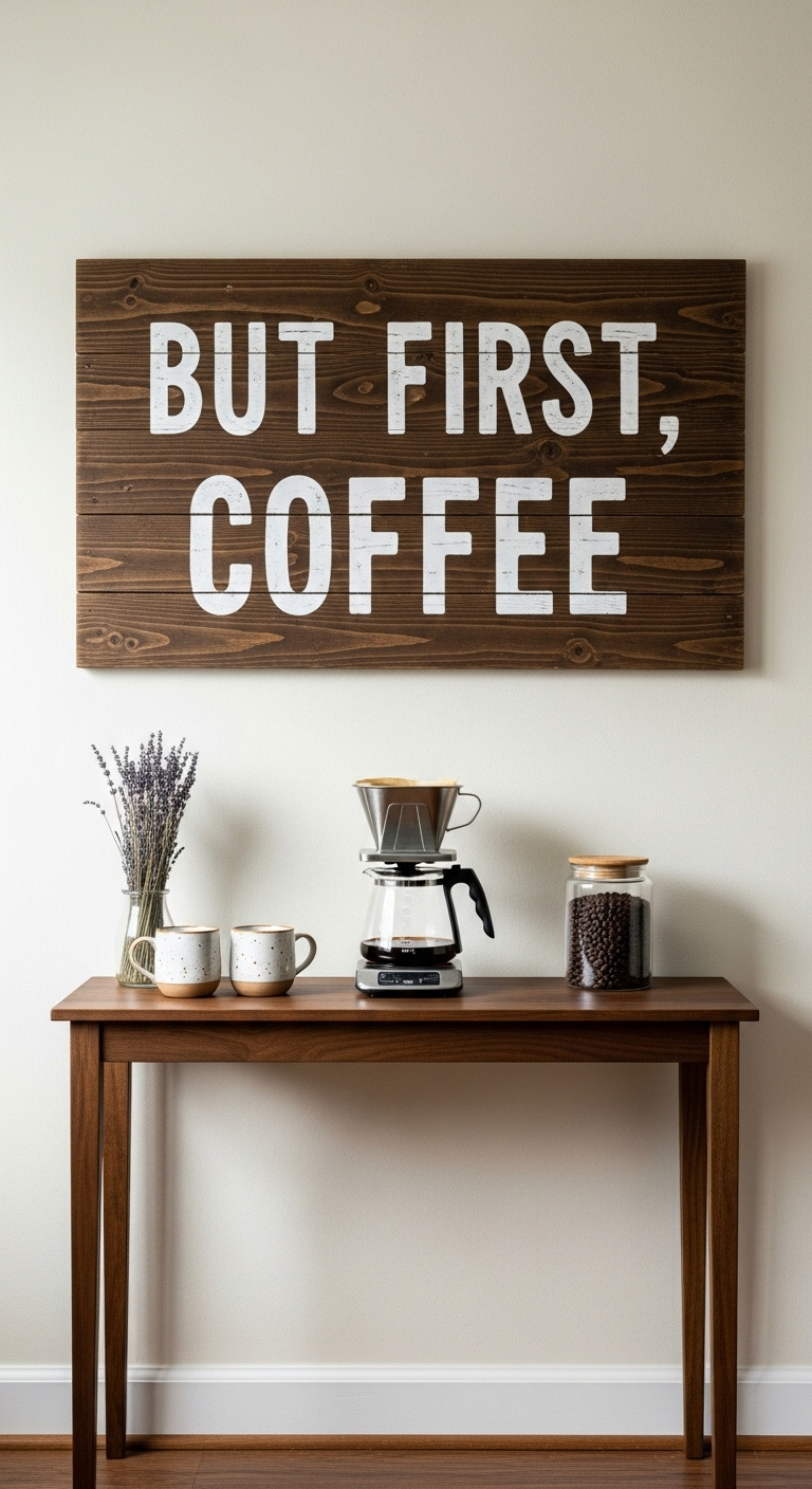 Rustic coffee nook with a But First Coffee vintage sign a drip coffee maker mugs and coffee beans on a console table