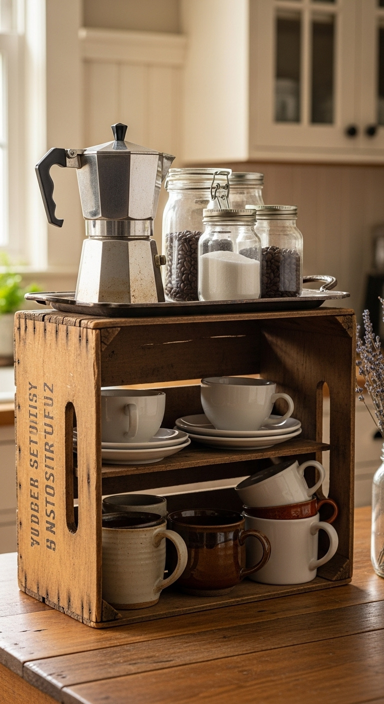 Rustic coffee station styled with thrift store finds including a vintage percolator and mismatched mugs in an old wooden crate