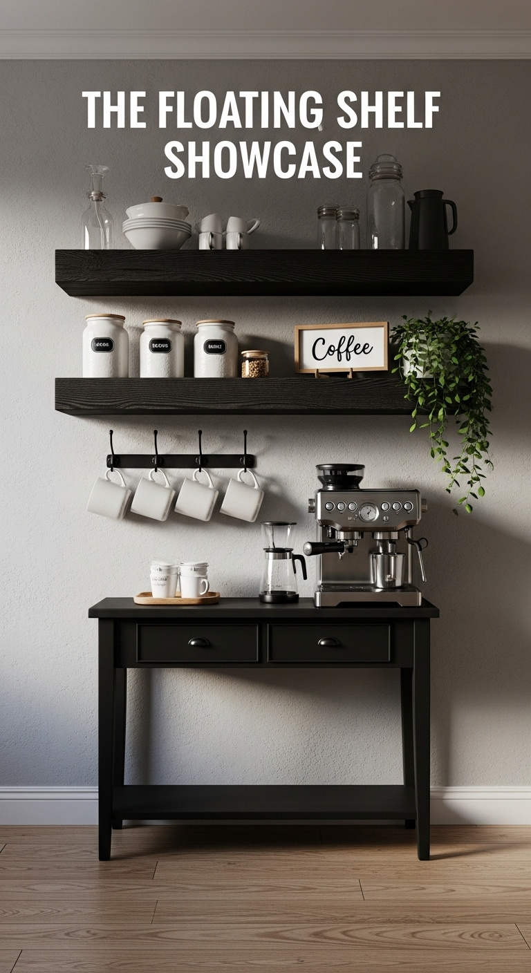 Rustic dark wood floating shelves on a light gray wall styled as a farmhouse coffee bar with mugs canisters and a plant