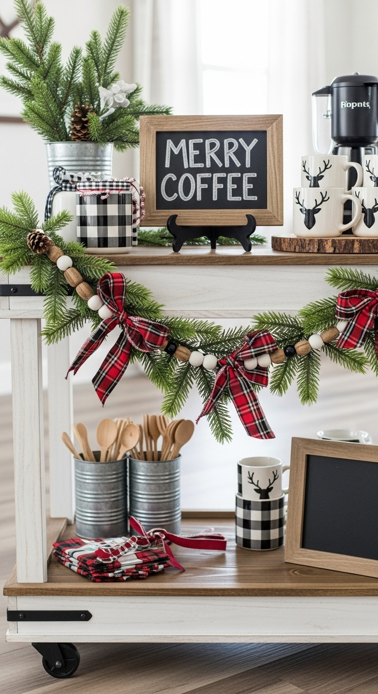 Rustic farmhouse Christmas coffee cart with a chalkboard sign, plaid napkins, wooden stir spoons, and reindeer mugs