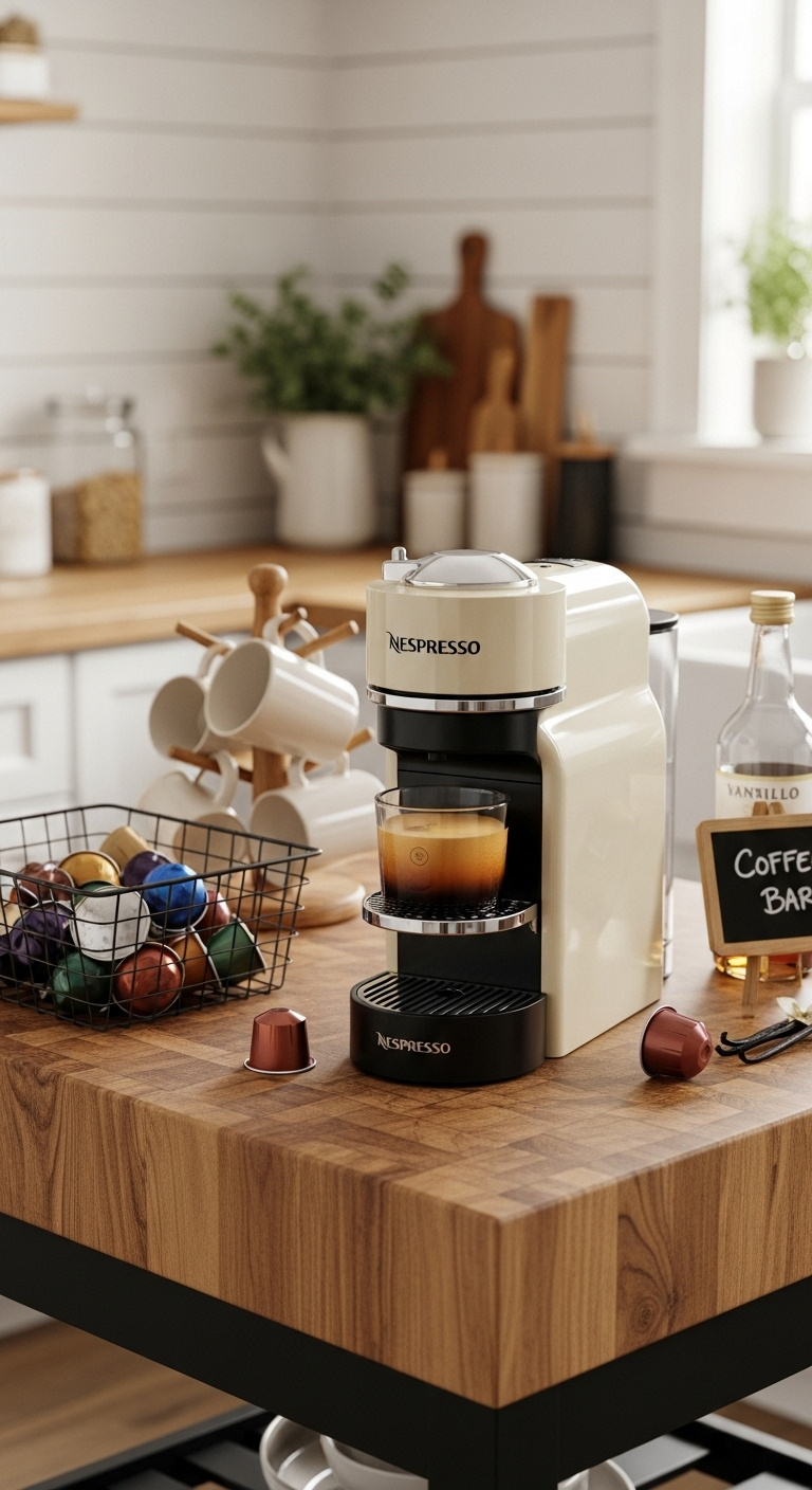 Rustic farmhouse Nespresso home coffee bar with cream Vertuo machine on butcher block countertop and cozy decor