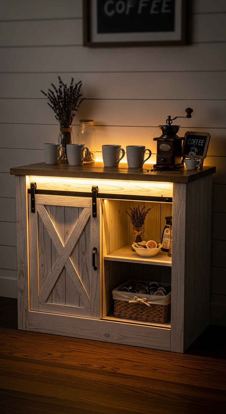 Rustic farmhouse coffee bar cabinet with warm LED lights white oak sliding barn door white ceramic mugs vintage coffee grinder