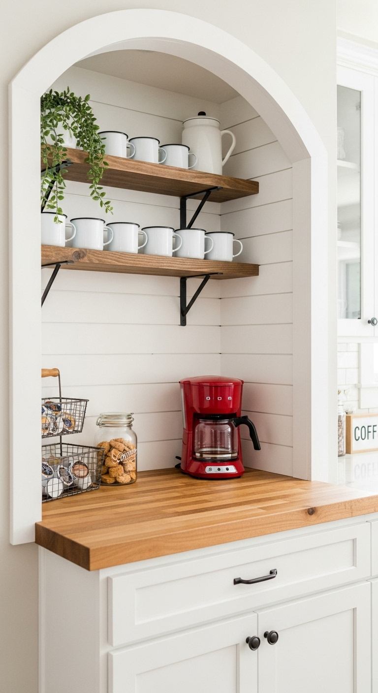 Rustic farmhouse coffee bar in white arch with shiplap butcher block red coffee maker and enamel mugs