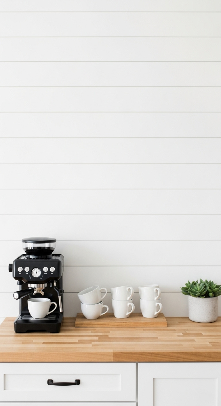 Rustic farmhouse coffee bar with black espresso machine white ceramic mugs and succulent against a classic white shiplap wall