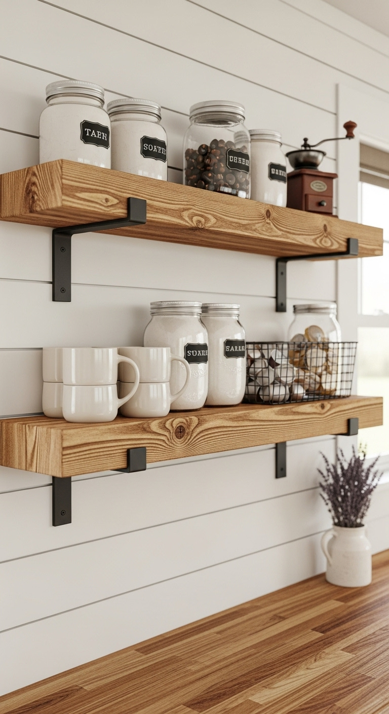 Rustic farmhouse coffee corner with reclaimed wood floating shelves, mismatched mugs, and a vintage grinder on a shiplap wall