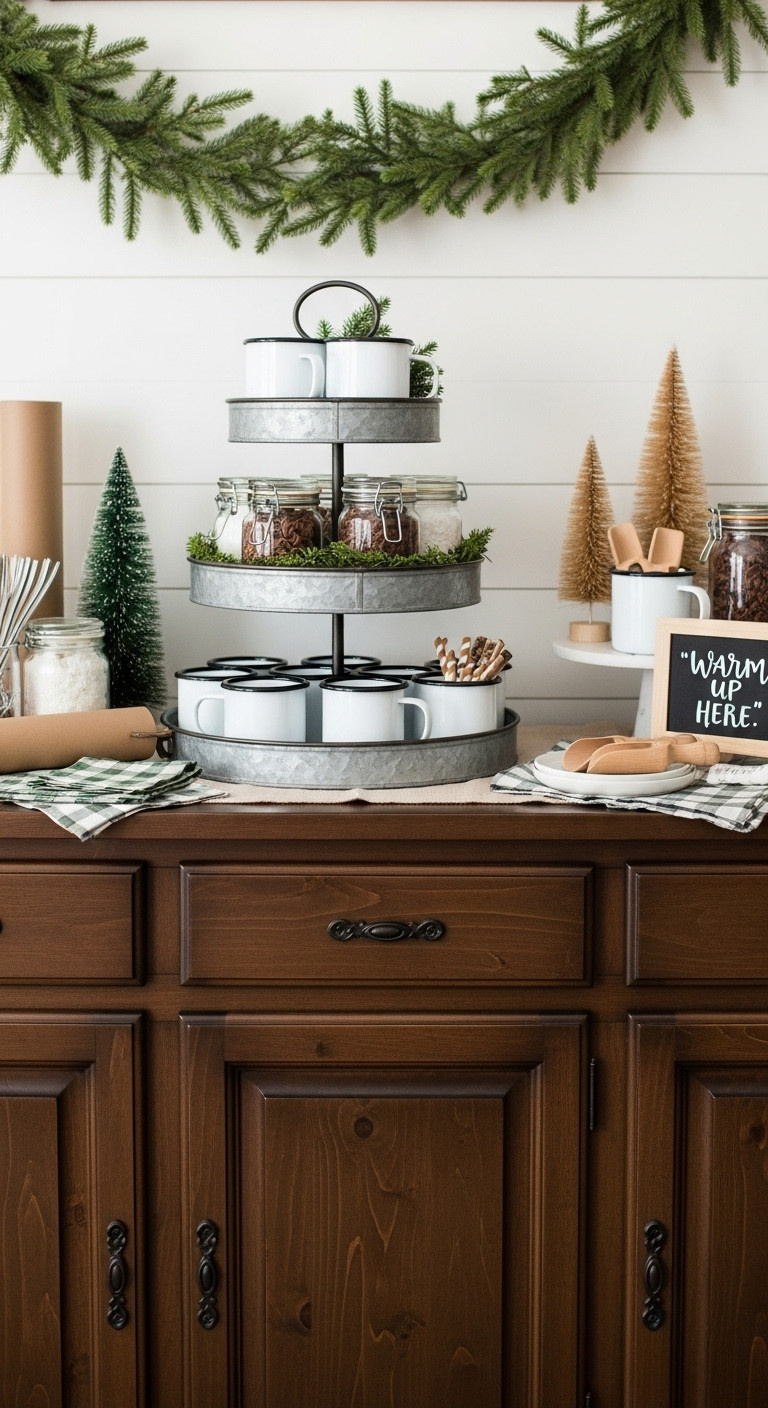 Rustic farmhouse hot cocoa bar with galvanized tiered tray enamel mugs chalkboard sign and bottle brush trees on a wooden sideboard