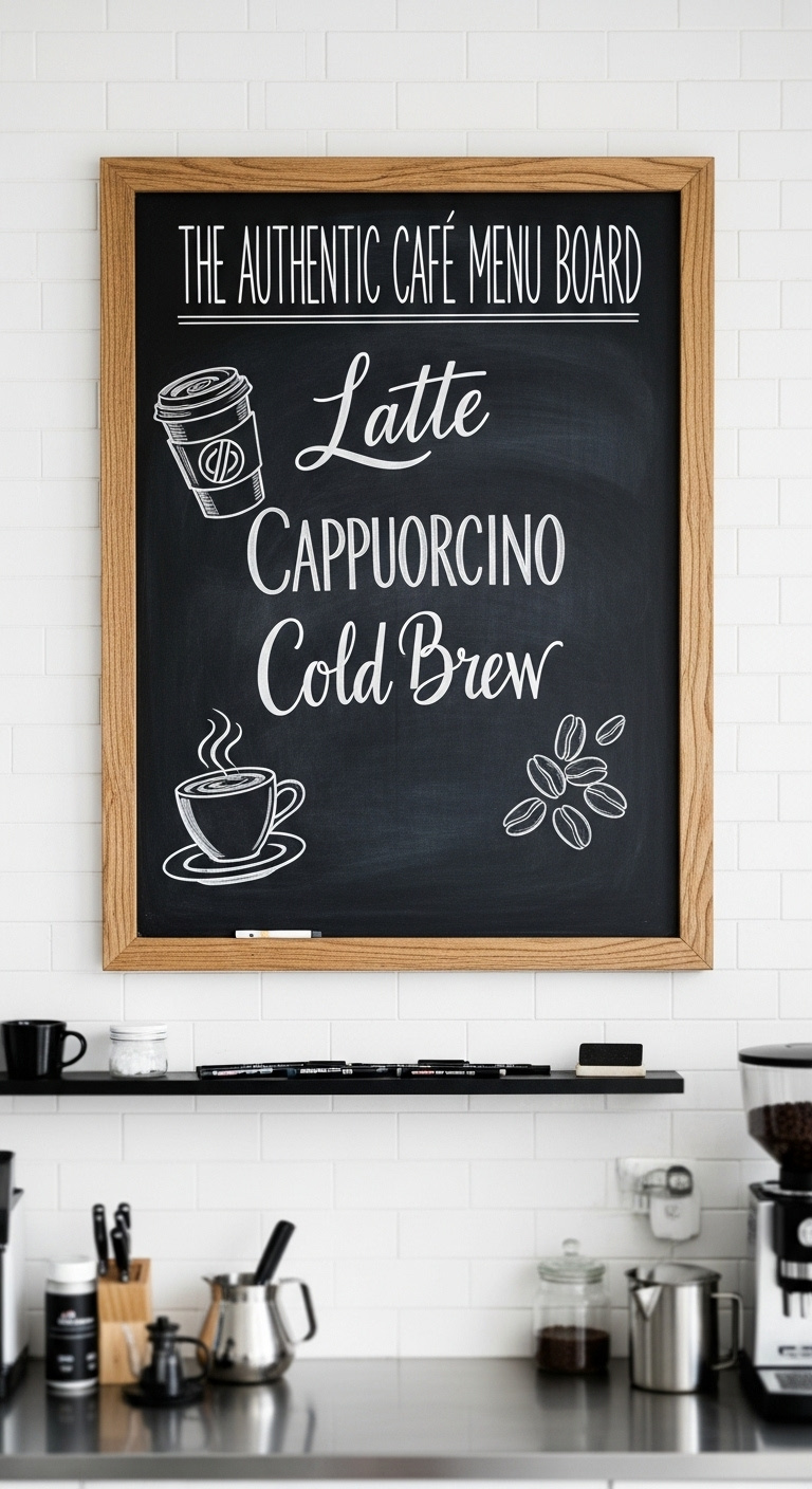 Rustic framed chalkboard with artistic chalk lettering of a cafe menu on a white brick wall above a coffee bar with chalk pens