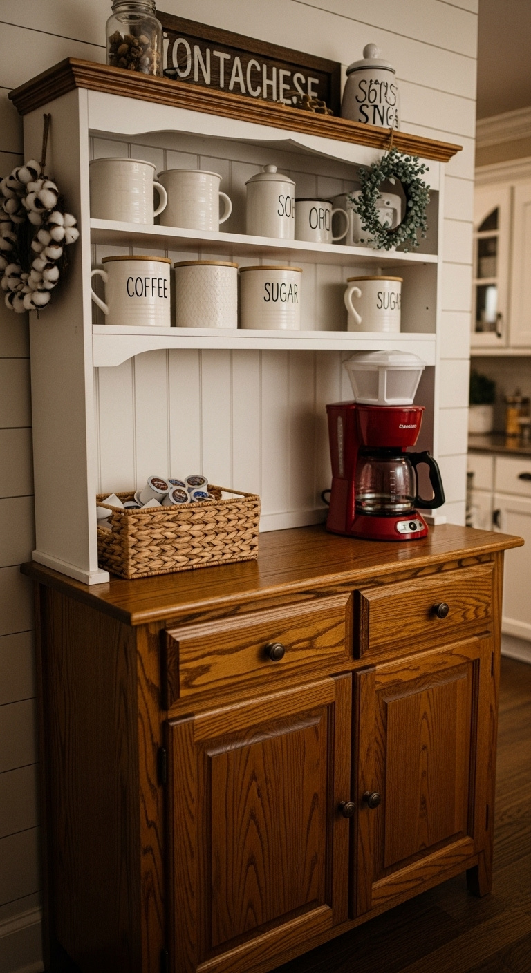 Rustic oak sideboard with white wooden hutch as a farmhouse coffee bar with a red drip coffee maker and mugs