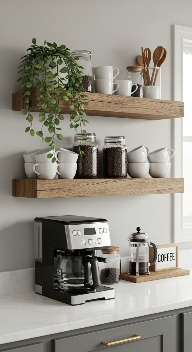 Rustic open shelving above coffee station with reclaimed wood shelves white ceramic mugs glass jars and trailing plant on gray wall