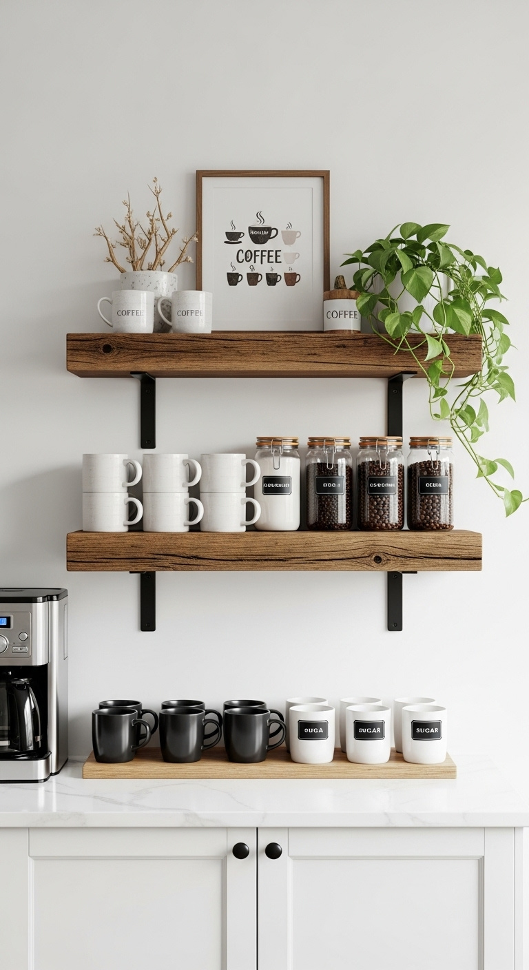 Rustic reclaimed wood floating shelves above a coffee station with mugs canisters and art print