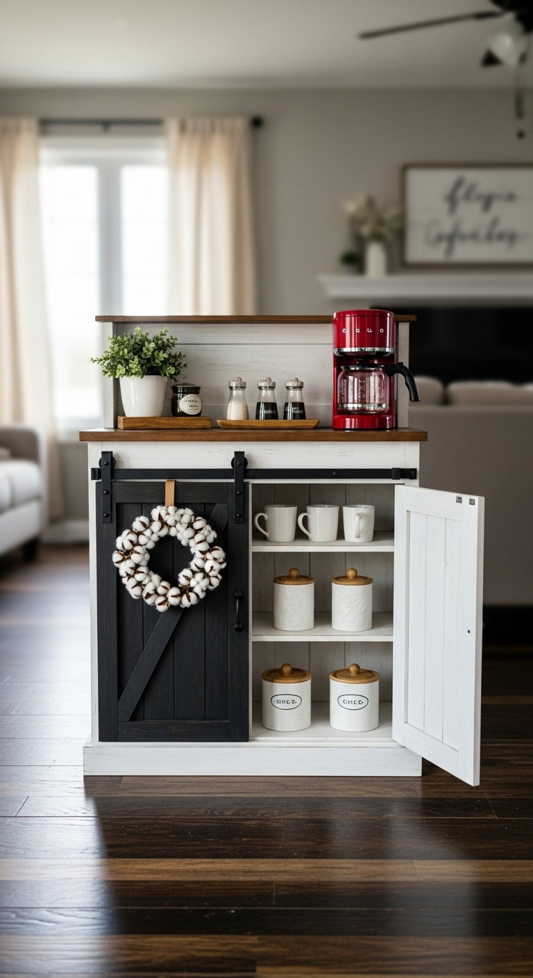 Rustic sliding barn door coffee bar cabinet with distressed white wood red coffee maker and ceramic mugs