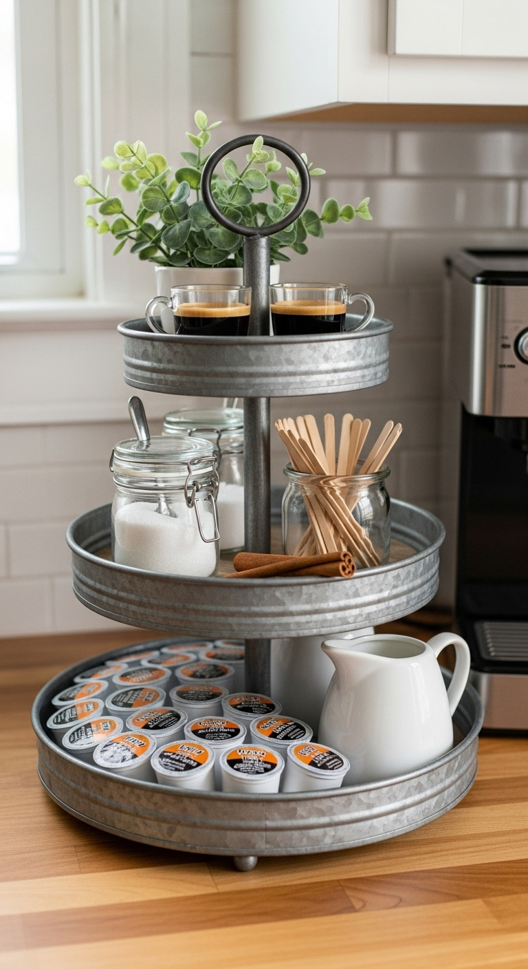 Rustic three-tiered tray maximizing a small coffee space with K-cup pods creamer sugar stir sticks and espresso cups