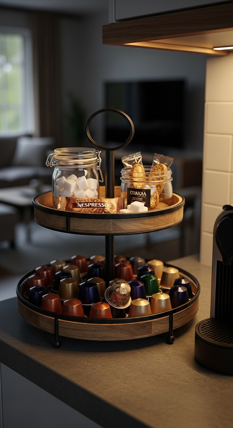 Rustic two-tiered wooden tray organizing colorful Nespresso pods sugar cubes and biscotti